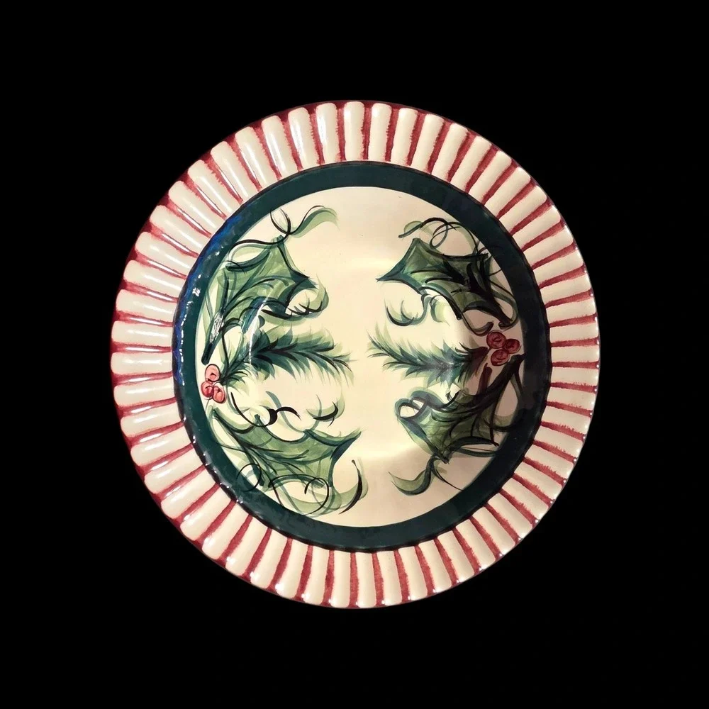 Gail Pittman Hand Painted Ceramic Fluted Bowl HollyLujah Christmas 1995‎ 12.5